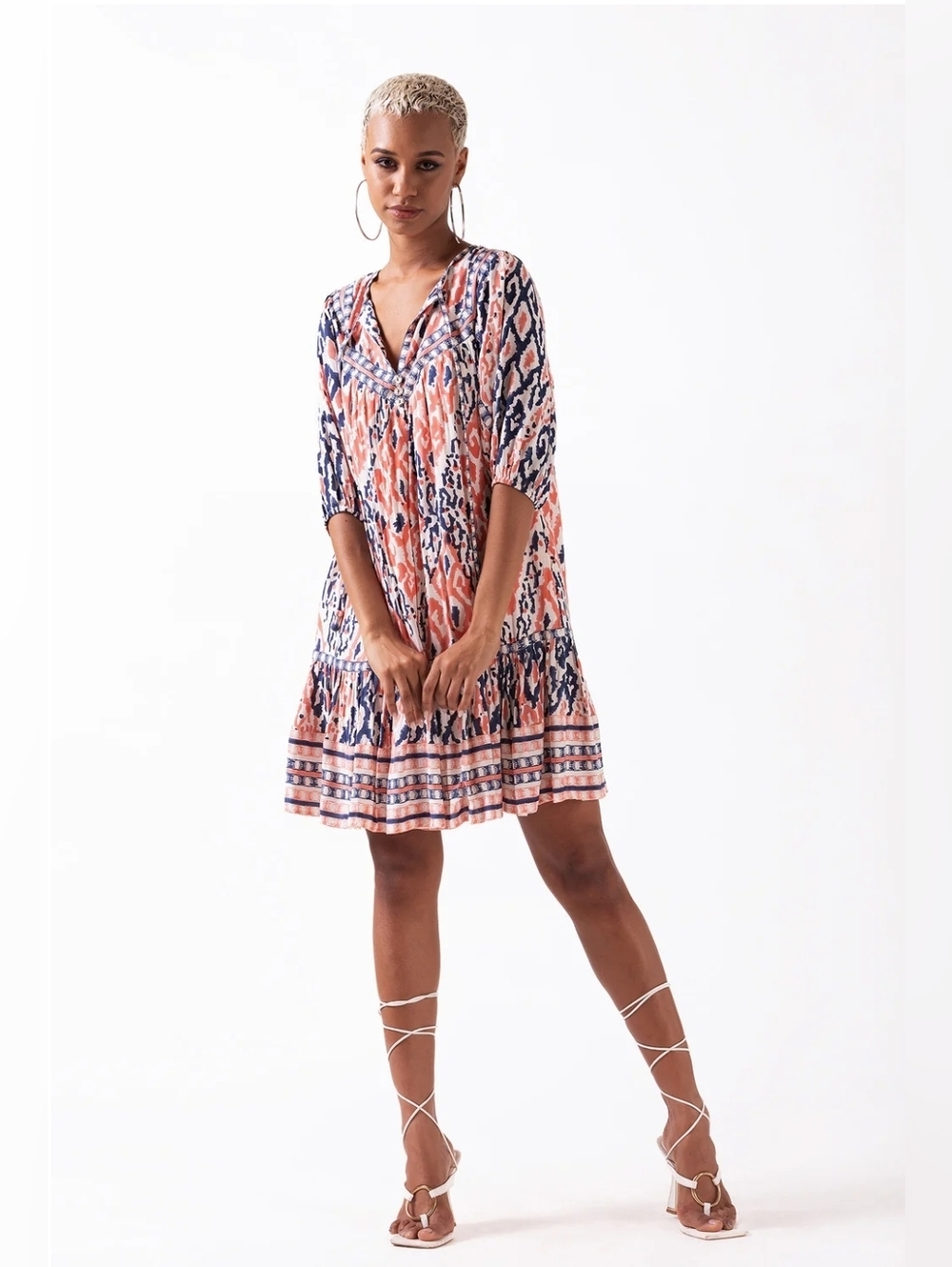 Ash & Eden Sahiba Tiered Mini Dress With Bubble Sleeves Small